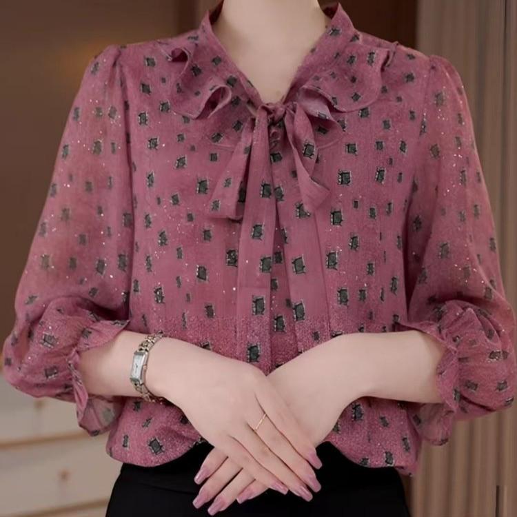 2026 Spring/Summer Elegant Flowing Collar Printed Women s Long Sleeve Slimming Top M