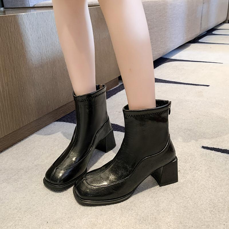 Simple Skinny Booties 2025 Autumn New Square Toe Rear Zipper Anti-Slip Wear-Resistant High Heels