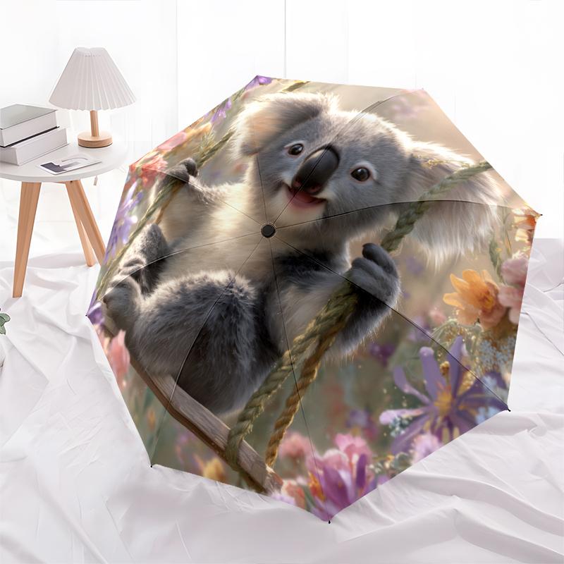 Fantasia koala e fiori, ombrello pieghevole automatico, design portatile e pieghevole, 8 stecche, un regalo di Natale o di compleanno.