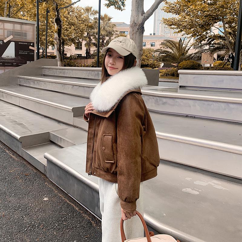 Big fur collar down cotton jacket women's winter short temperament loose small deerskin down cotton jacket
