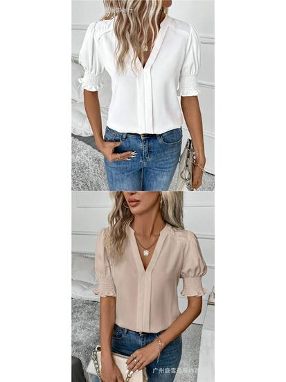 Women's Summer V-Neck Puff Sleeve Solid Color Top