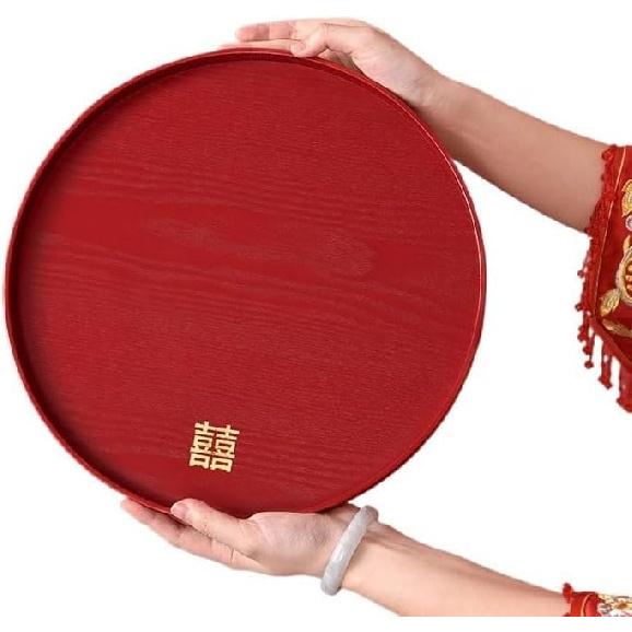 Serving Tray Chinese Wedding Candy Tray Tea Tray Toast Cup Tray Red Festive Wedding Decoration Tray Food Serving Tray(B)
