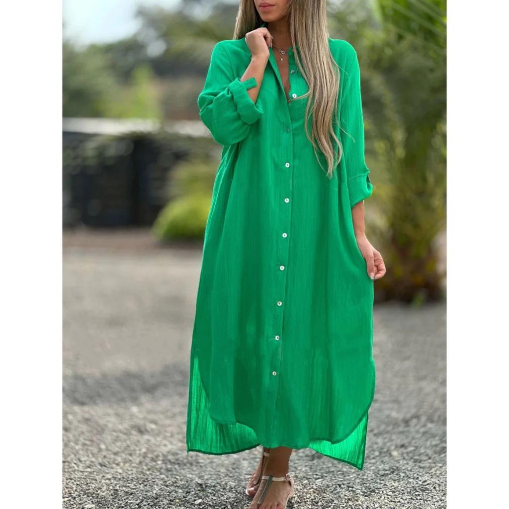 Women's Cotton Linen Long Shirt Dress Casual Fashion Long Sleeve Open Front Midi Dress