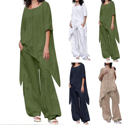 Women's Linen Two-Piece Suit Linen Suit Trousers And Three Quarten Sleeve Irregular Hem Shirts Casual Trouser Suit Round Neck Linen Blouse Loose Linen