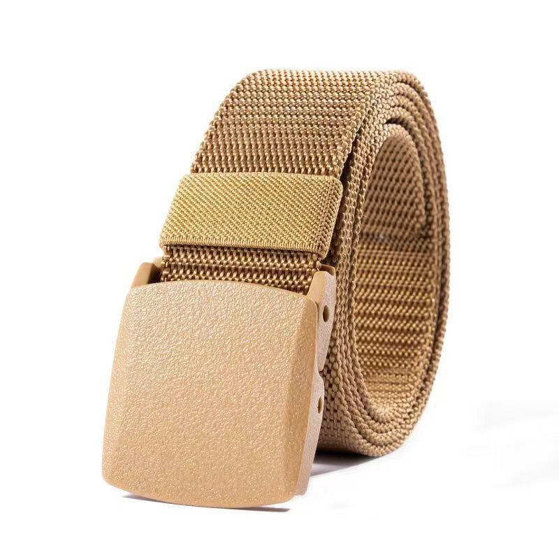 Ikke-metallisk sikkerhetsbelte i nylon med plastspenne, svart lerret og denimforlengelse, for utendørs bruk