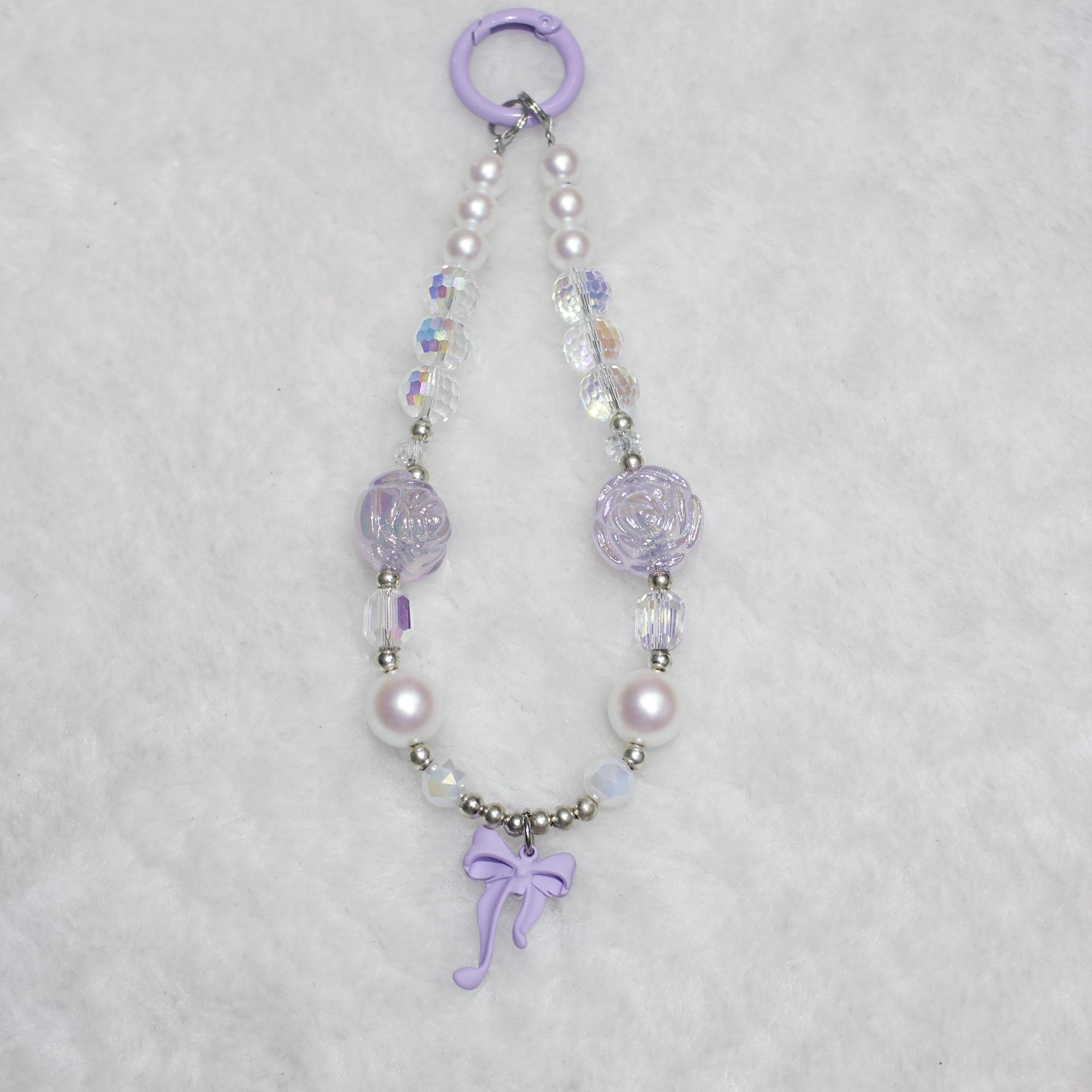 Phone Wrist Strap Short 26cm Flower Bow Accents Beaded Phone Bracelet Strap A