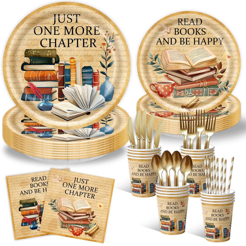Retro Books Themed Party Supplies: Paper Plates, Napkins, Book Club Tableware & Event Decorations