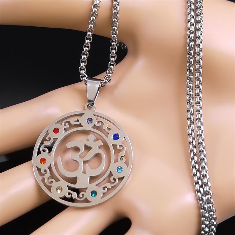 Yoga Meditation OM Symbol Necklace for Women Men Stainless Steel 7 Chakra Reiki Healing Buddhist Chain Jewelry Collier N9721S01