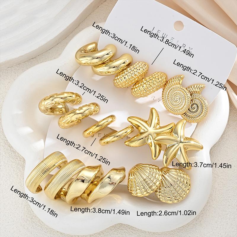 18 Pcs Vintage Gold Plated Ocean Earring Set Starfish Shell Conch Textured Hoop Earrings for Women Summer Beach Fashion Jewelry