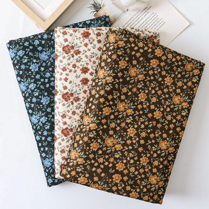 0.5m/1m/2m Fine Pit Strip Soft Corduroy Small Floral Prints Fabric for Sewing Hoodie Dresses Pants Bedding DIY Clothing Fabric