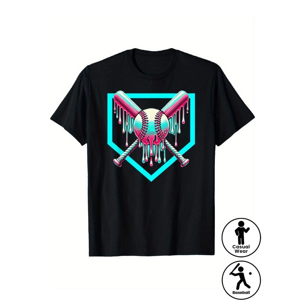 Men S Neon Glow-in-the-Dark Baseball & Crossed Bats Graphic T-Shirt - Reactive Party Tee with Glowing Frame, Casual Round Neck S