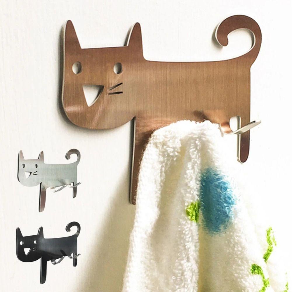 Self-Adhesive Metal Cat Shaped Hook Cartoon Storage Hook Cute Keys Towel Hanger  for Home