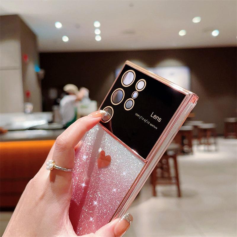 Luxury Love Logo Lens Film Glitter Electroplated Mobile Phone Case for Samsung S23 22 21 Ultra Plus S20 FE A54 53 52 A14 A23 Fall Protection Cases