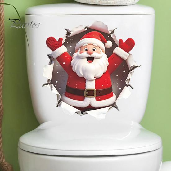 Durable Eco Friendly Wall Stickers 3D Break Santa Claus Toilet Lid Sticker, Winter Snow Scene Waterproof PVC Bathroom Decals Christmas Decal,