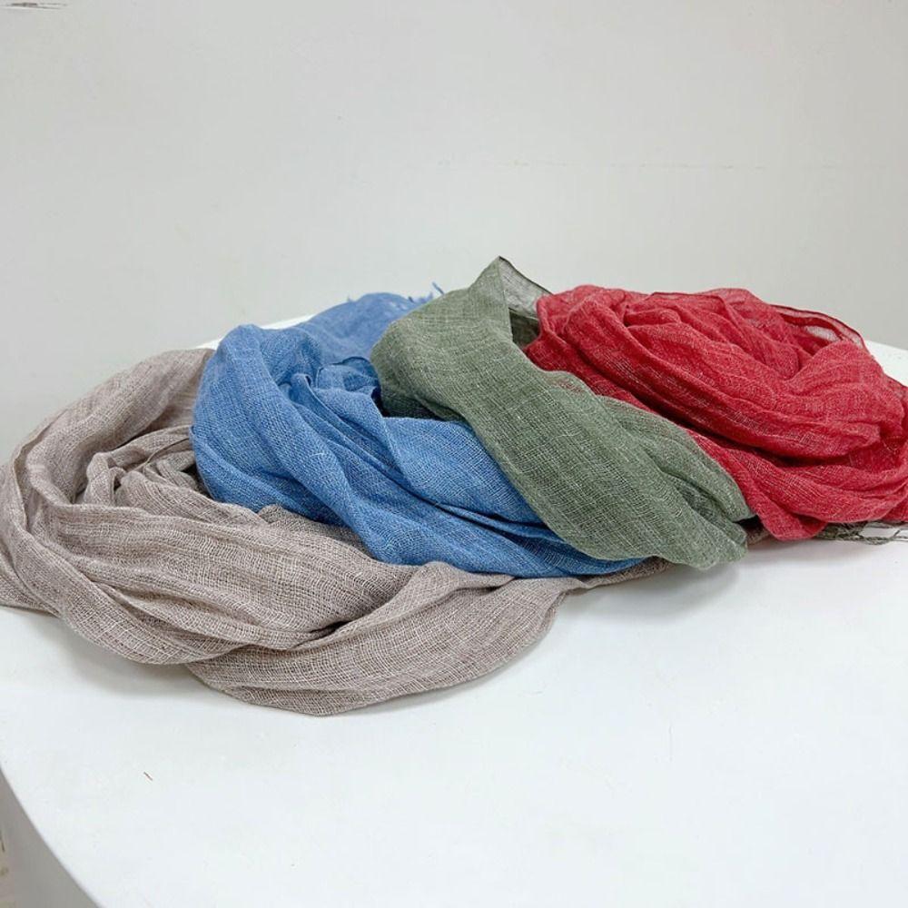 Solid Color Pure Linen Scarf Long Tassel Neck Scarf Comfortable Sun Protection Wrap  For Ladies