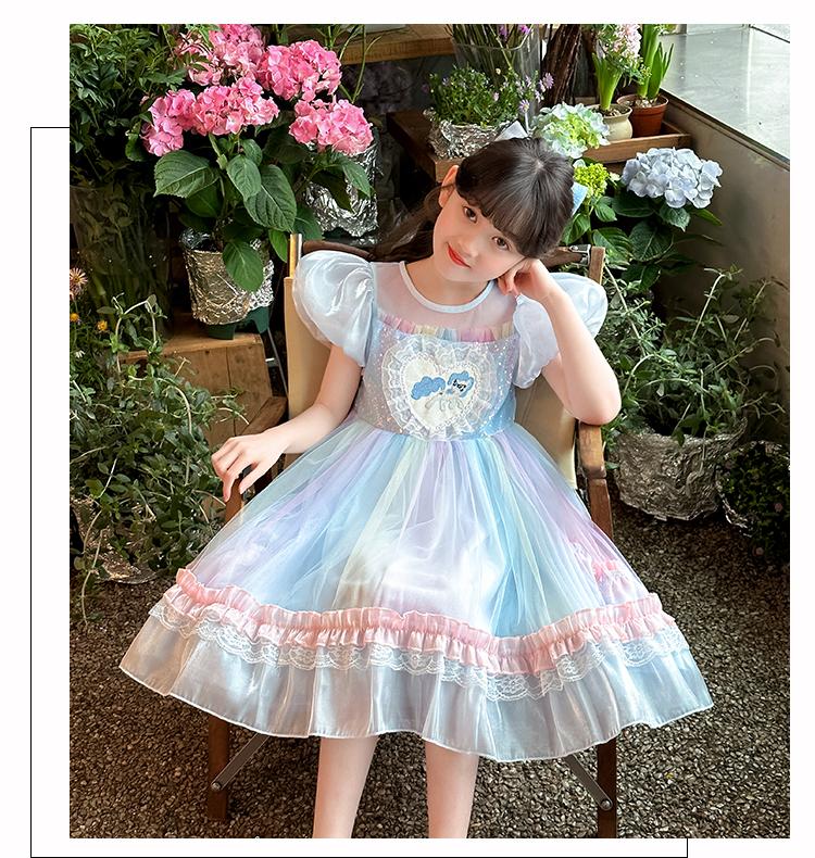 Girls' dress summer 2026 new style girls' big girl summer trendy bubble sleeves ponytail dress summer princess dress trend