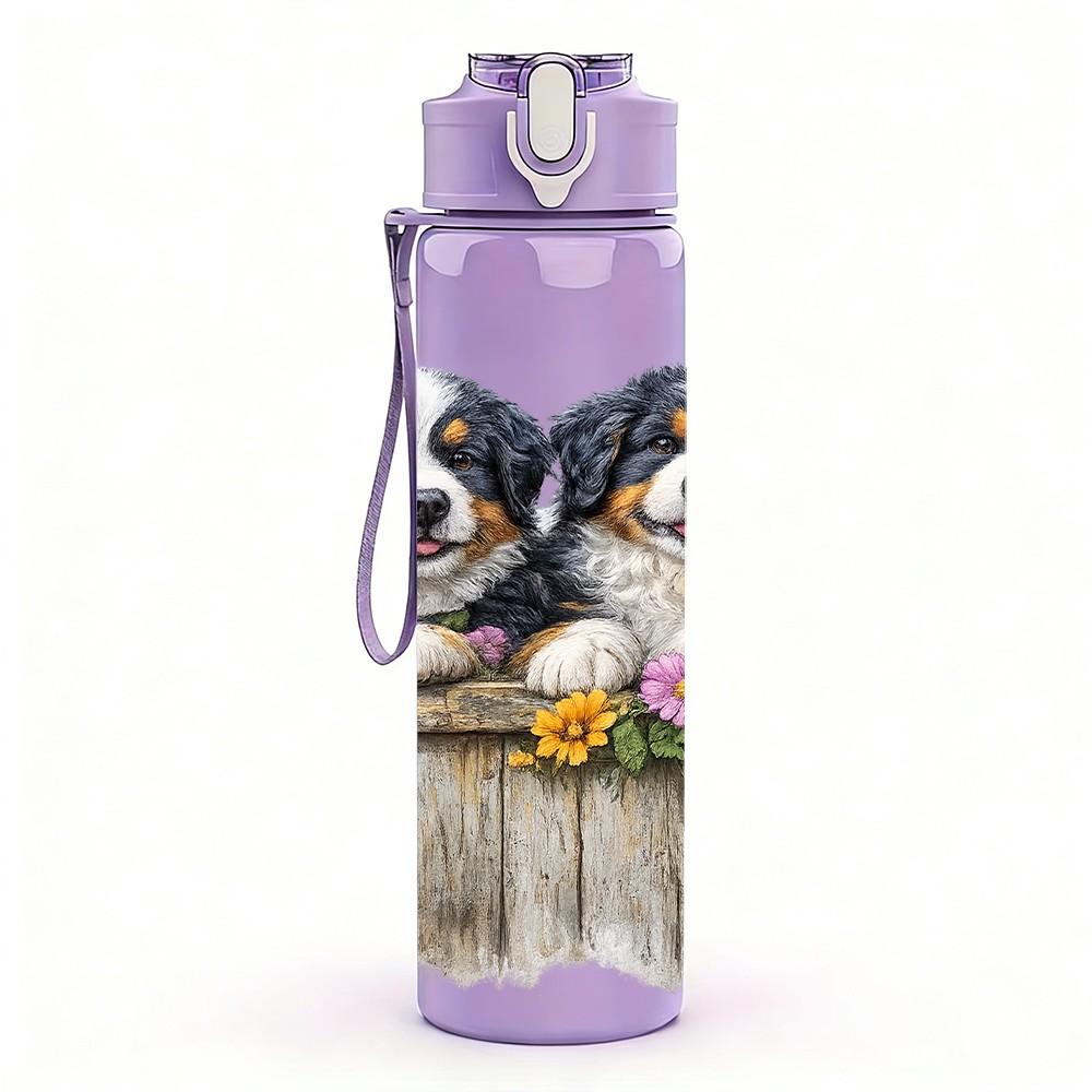 1PC Two Puppy Dogs Wooden Fence Art 750ml Color Plastic Sports Water Bottle Leakproof Flip Straw Lid Suitable for Sports Office Home Use