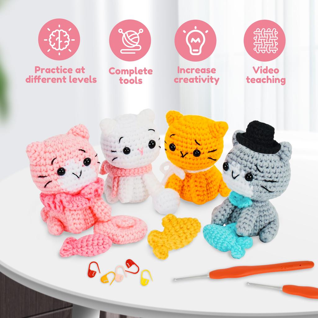 4Pcs Crochet Kit for Beginners DIY Knitting Craft Kit Fun Cat Crochet Set Cute Crocheting Cat with Accessories and Tutorial