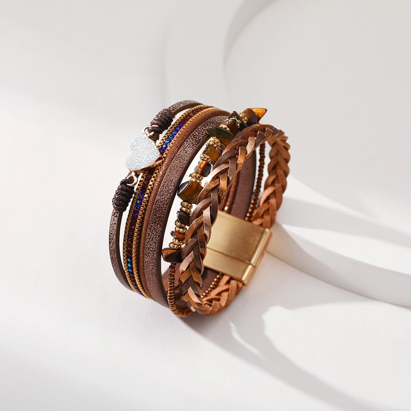 Accessori a Forma di Cuore di Pietra Pelle Intrecciata Multistrato Gioielli da Donna Bracciale Largo Regalo