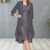 2 Pcs/Set Women Cardigan Dress Set Lace Floral Embroidery O Neck Slim Fit Midi Dress Irregular Three Quarter Sleeve Mid