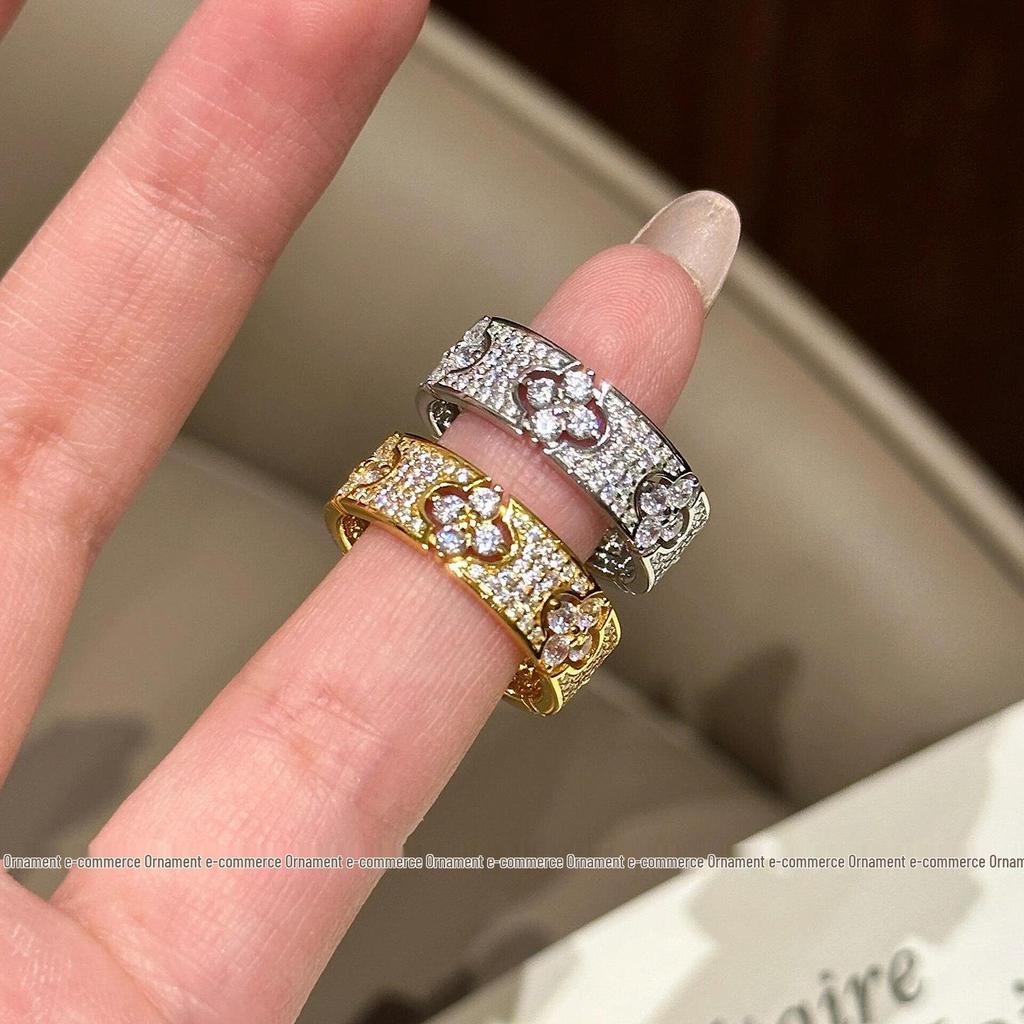 French Vintage Four-Leaf Clover & Baby's Breath Diamond Ring - Women's Luxury Fashion Statement Ring