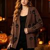 Damen Lässiger Lockersitz Halloween Kürbis V-Ausschnitt Strickjacke für Herbst und Winter