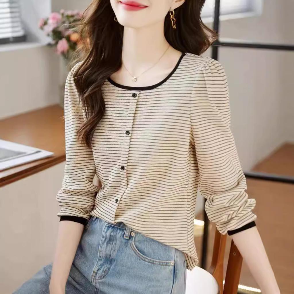 Korean Style Striped Long-sleeved Sweater for Women In Autumn and Autumn New Casual Simple and Versatile Base T-shirt Top