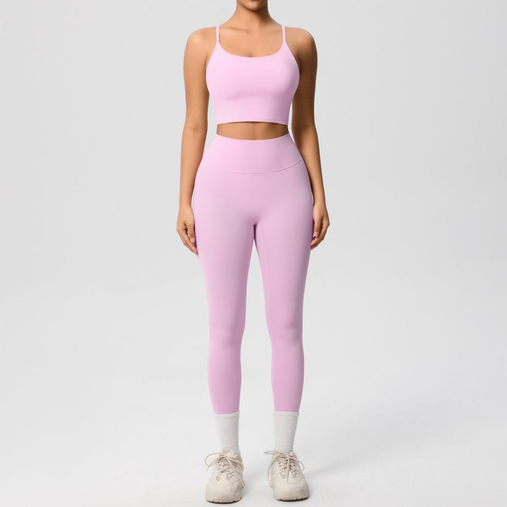 Women's Fashion Solid Color Back Top Tight Breathable Yoga Suit Set Sports Running Fitness Pants Two Piece Set