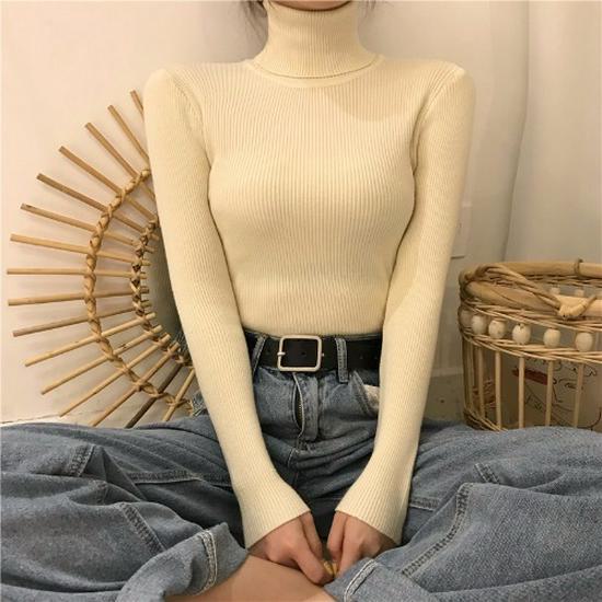 Women's Long-Sleeve Knitted Turtleneck Sweater - Slim Fit Solid Color Pullover for 2024 Autumn/Winter.