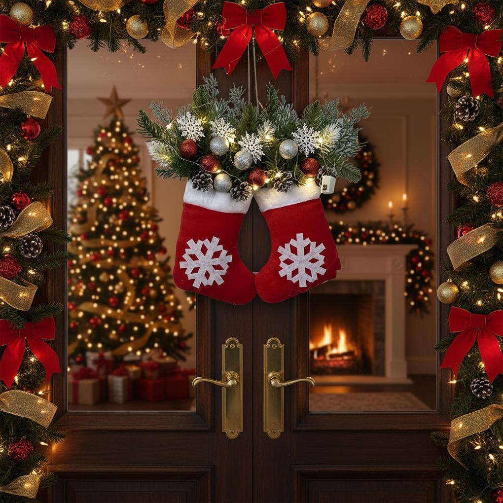 LED-julkrans med strumpor Röda bär Kotte för ytterdörr Inomhus Juldekorationer Fönster Veranda Festtillbehör