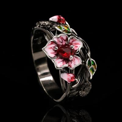 Exquise Dames Sieraden Rode Bloem Zilveren Ring Creatieve Elegante Dames Sieraden Bijwonen Banket Trouwring