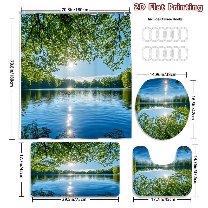 4Pcs 2D Flat Serene Lake Forest Shower Curtain Set with Non-Slip Bath Mat, Toilet Lid Cover, Contour Rug & 12 Hooks, Bathroom Decor
