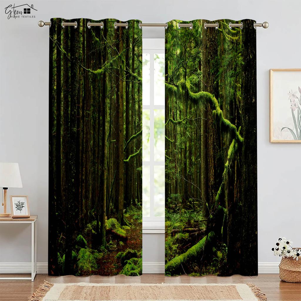 Nature Forest Scenery 3D Printing Curtains Green Pastoral Sunshine Natural Aerobic B&B Hotel Bedroom Living Room Curtains 2PCS