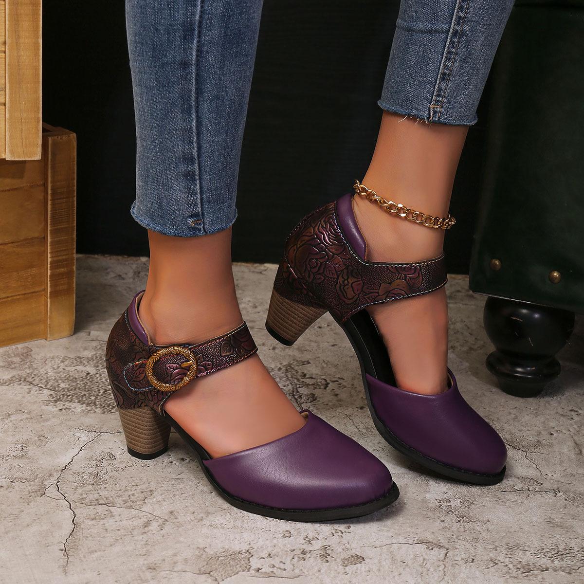 

Spring and Summer Women s Shoes Pointed Toe Large Size Chunky Heel Sandals Medium Heel Sandals Retro Ethnic Style 36