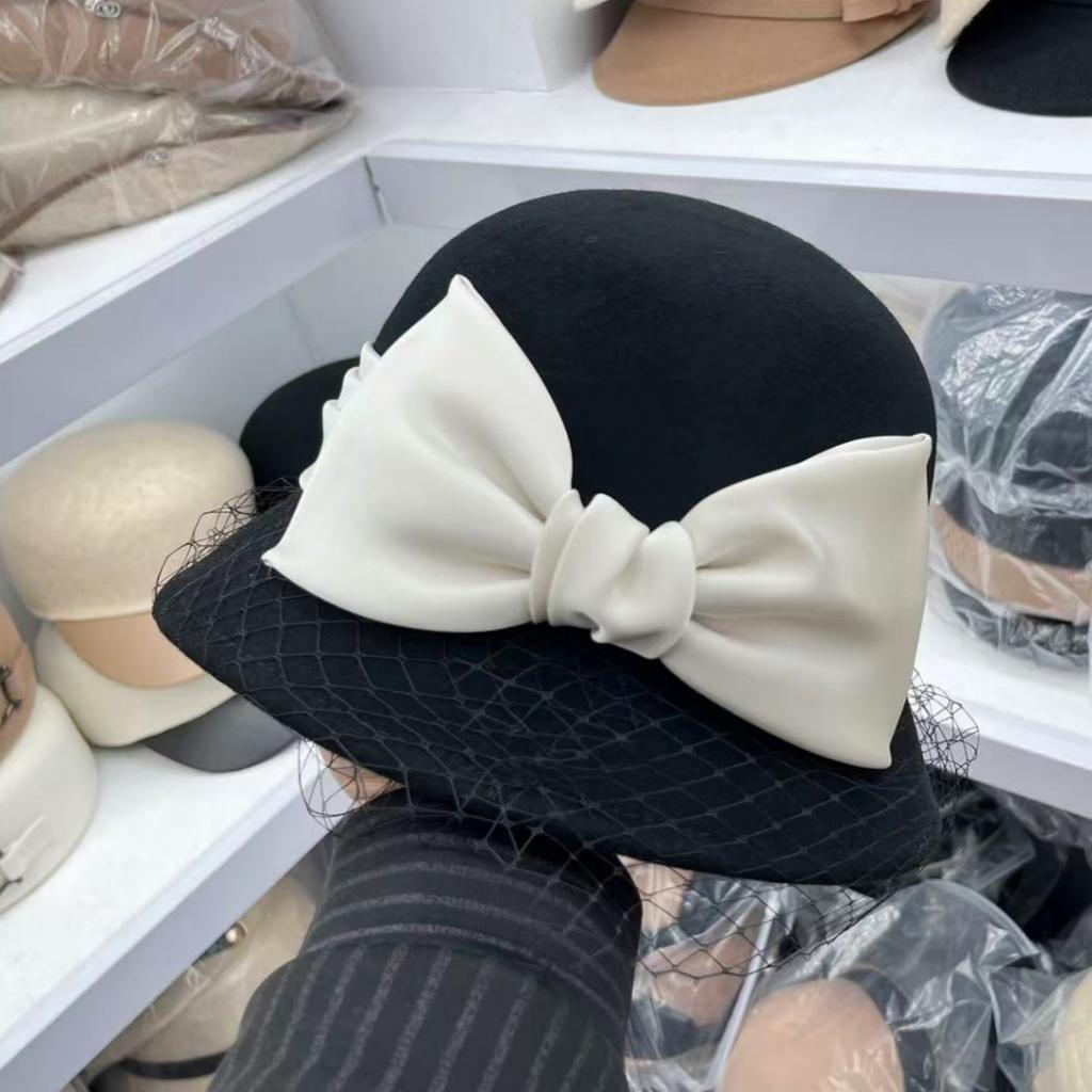 French elegant mesh bow 100% wool bucket hat women's autumn and winter Hepburn basin hat temperament celebrity top hat