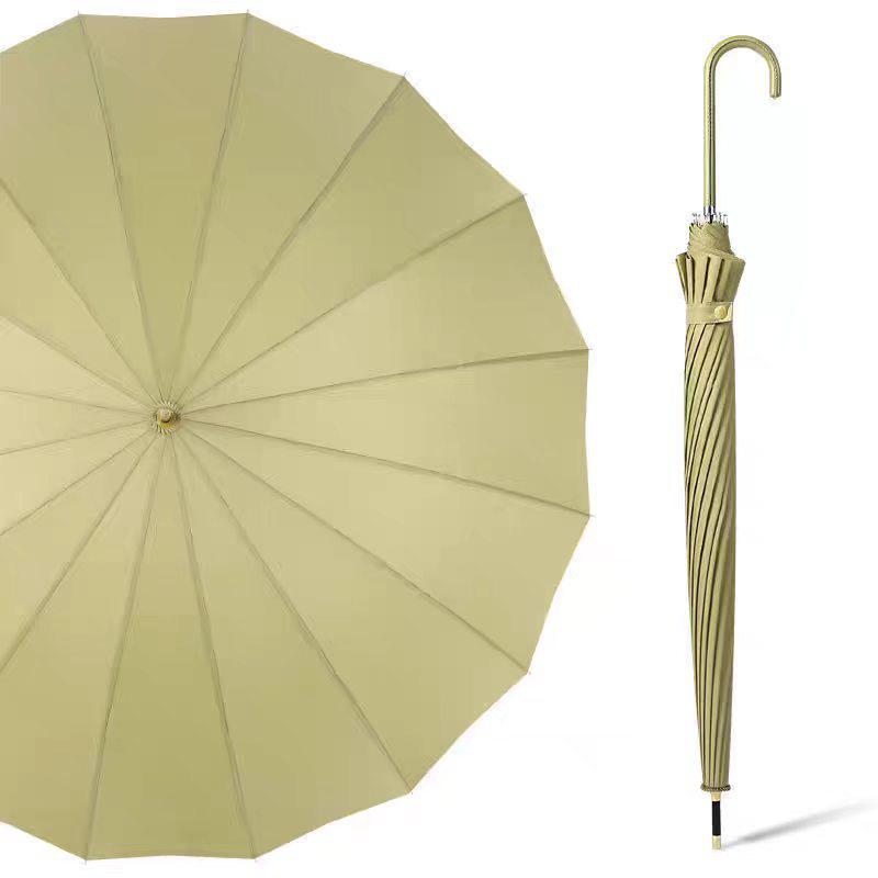 16-Rib Japanese Style Solid Color Umbrella - Automatic Open with Curved Handle, Sun Protection