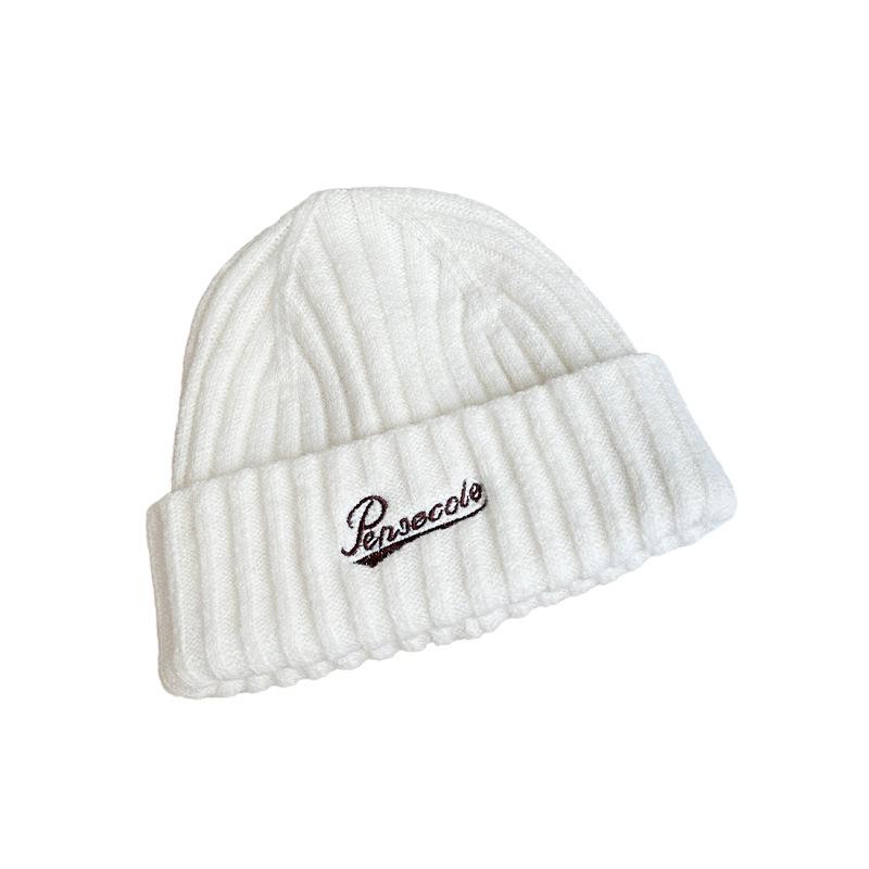Letter Embroidered Knitted Hat Autumn and Winter Warm Solid Color Woolen Hat Big Head Circumference Showing Face Small Woolen Hat
