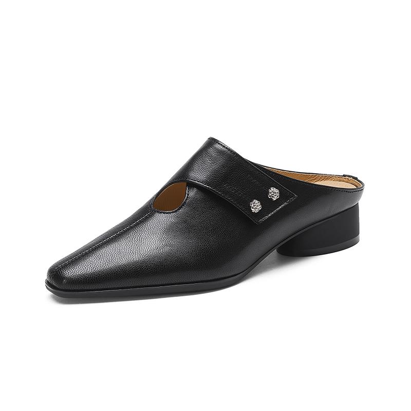 Fashion 2025 Summer Covered Toe Genuine Leather Slippers Women Thick Heels Casual Mules Summer Daily Walk Sheepskin Leather Slippers