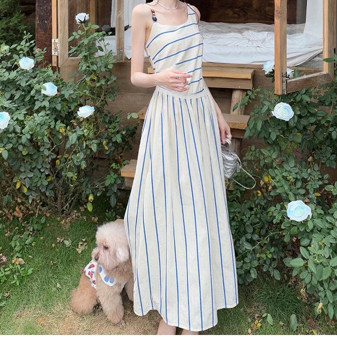Women's Slim Fit A-line Summer Dress - French Stripe, Contrasting Colors, Elegant Waist Cinched Design