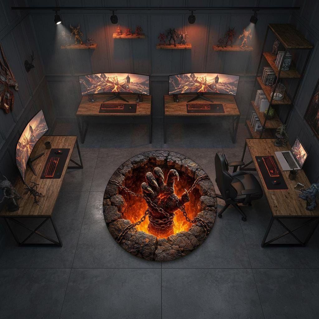 

2D Skeleton Printed Carpet Fire Pit Stone Hole Circular Door Mat Living Room Bedroom Horror Home Decor Carpet 80cm x 80cm