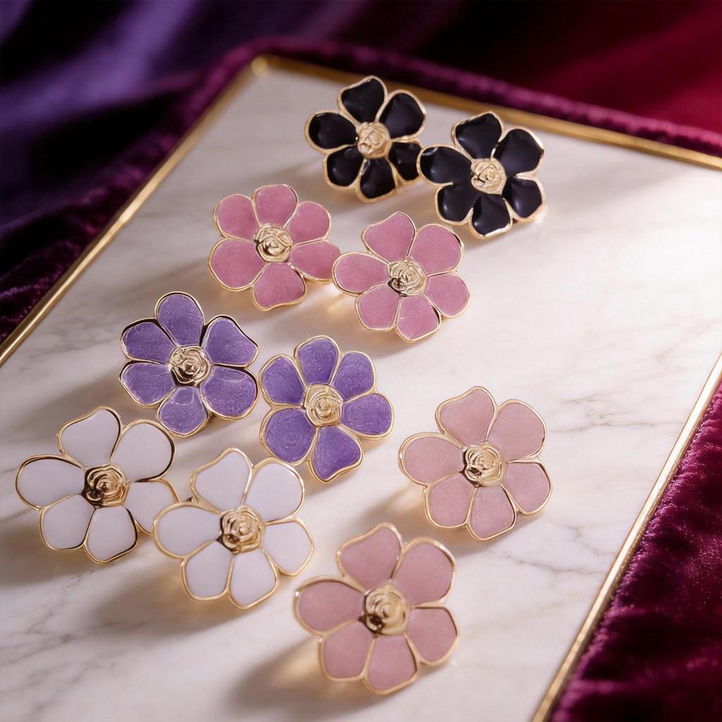 French Retro Flower Oil Drip Five-Petal Earrings for Women