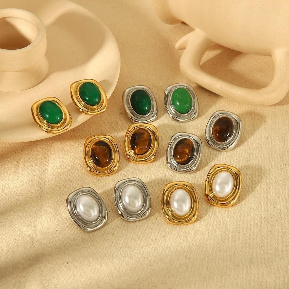 Nature Stone Tiger-eye Earrings Stainless Steel Waterproof Stud Earrings Oval Bead Gold Plated Pearl Earrings Gemstone Jewelry