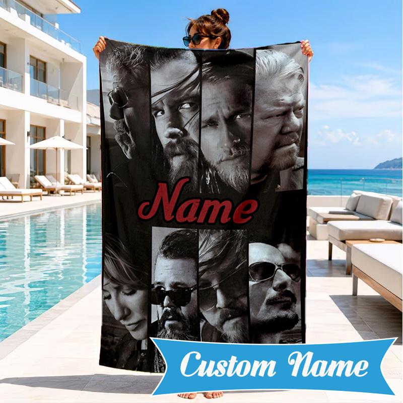 Custom Name Group Portrait Sons Heart In Space Adventure Microfiber Beach Towel, Lightweight for Summer Travel, Swimming Pool Fan Gift