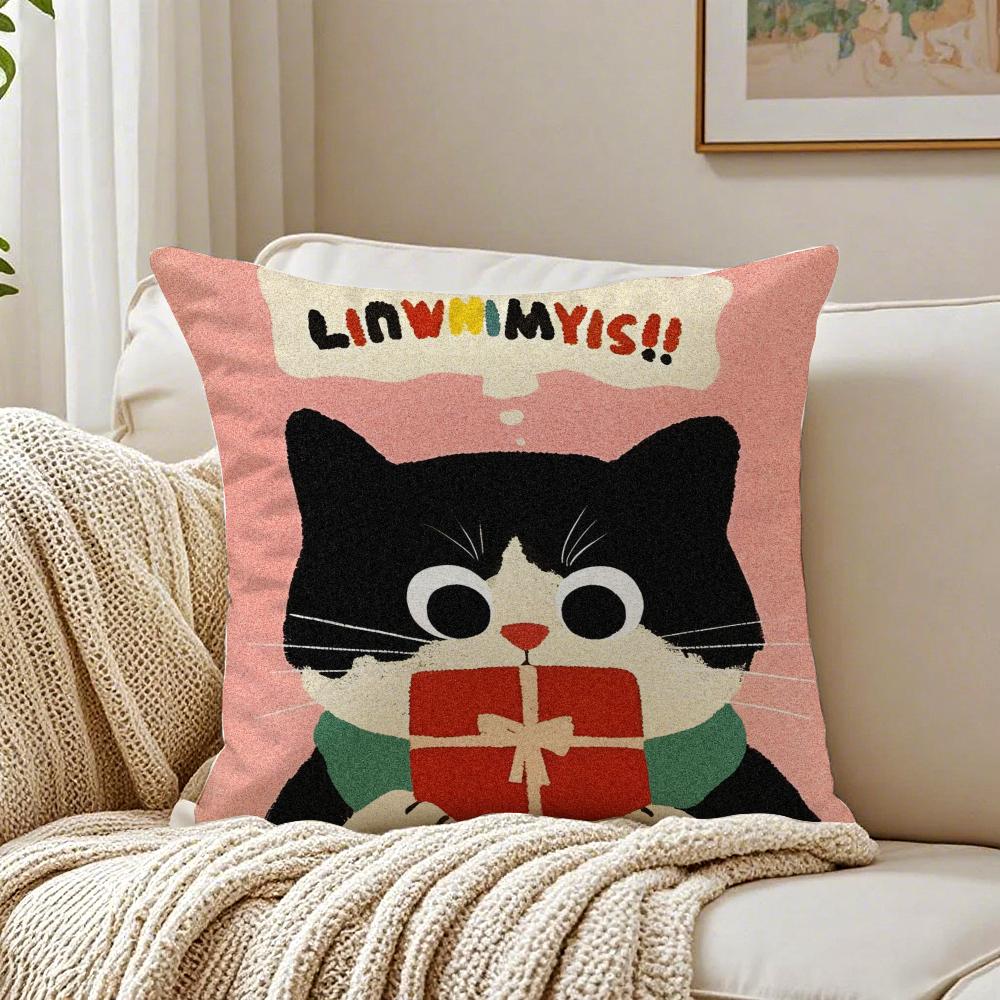Cartoon Christmas Gift Cute Cat Cushion Cover Linen Pillowcase Soft  for Sofa Bed Home Room Decor
