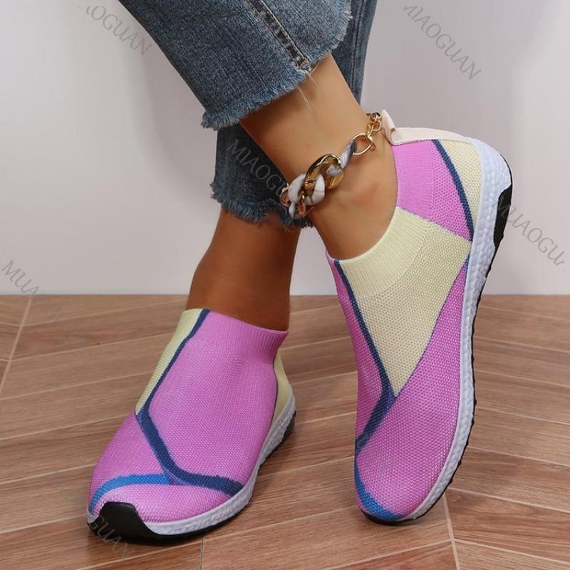 Fashion Autumn New Women's Mesh Sneakers Color Block Casual Breathable Lightweight Flats Soft Sole Elastic Slip on Vulcanize Shoes