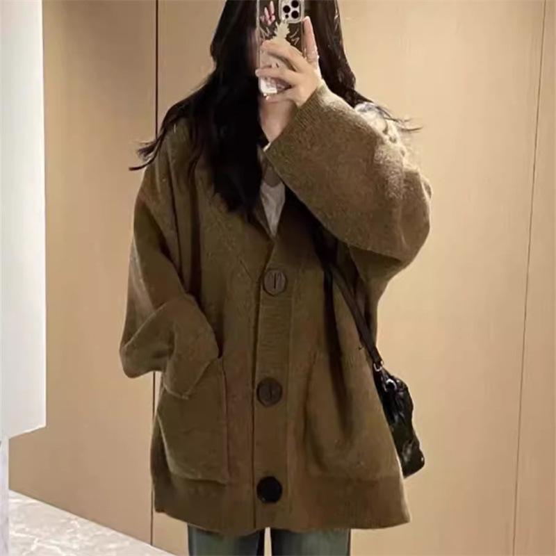Women's Autumn & Winter Lazy Style Hooded Knit Cardigan - Korean Loose-Fit, High-Class Temperament Sweater Coat