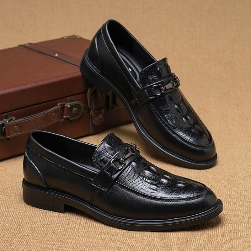 Business Formal Printed Pointed Leather Shoes with Cowhide Toe Cover for Men's Shoes Fashionable British Style Comfortable and Casual Leather Shoes