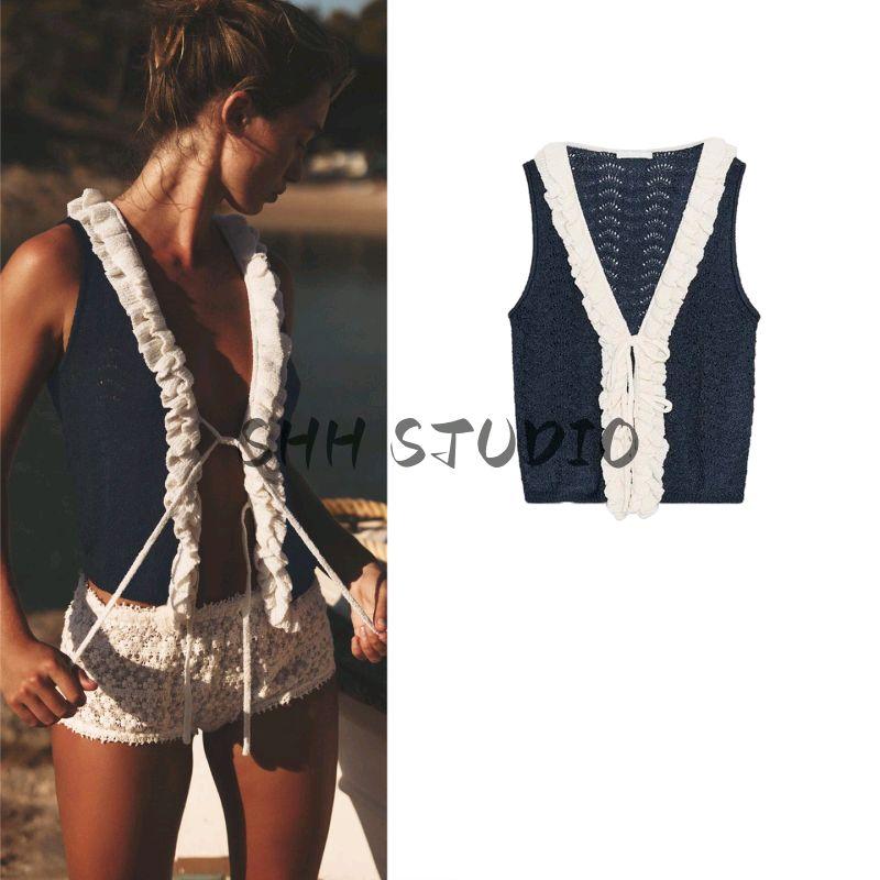 Summer New Product Women Clothes Holiday Style Bow Lace-up Contrast Color Laminated Decoration Sleeveless Top 8779636