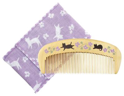 Kurochiku Tsubakido Moisturizing Tsuge Comb with Flower Cat Hairbrush Case, (1 Piece)
