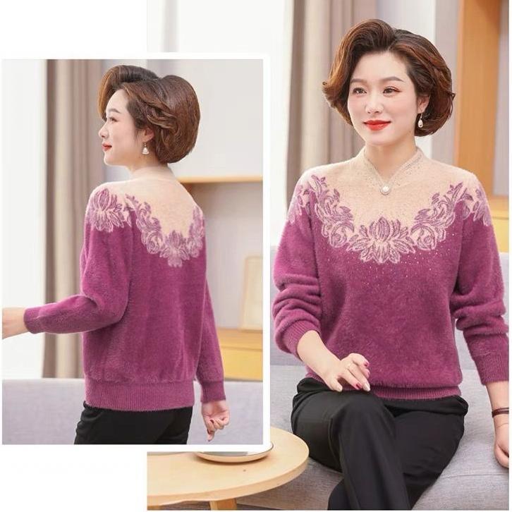 Autumn and Winter Women's Mink Fleece Sweaters Thick and Warm Plush Pullover Knitted Sweaters Stretch Print Flocked Knit Tops